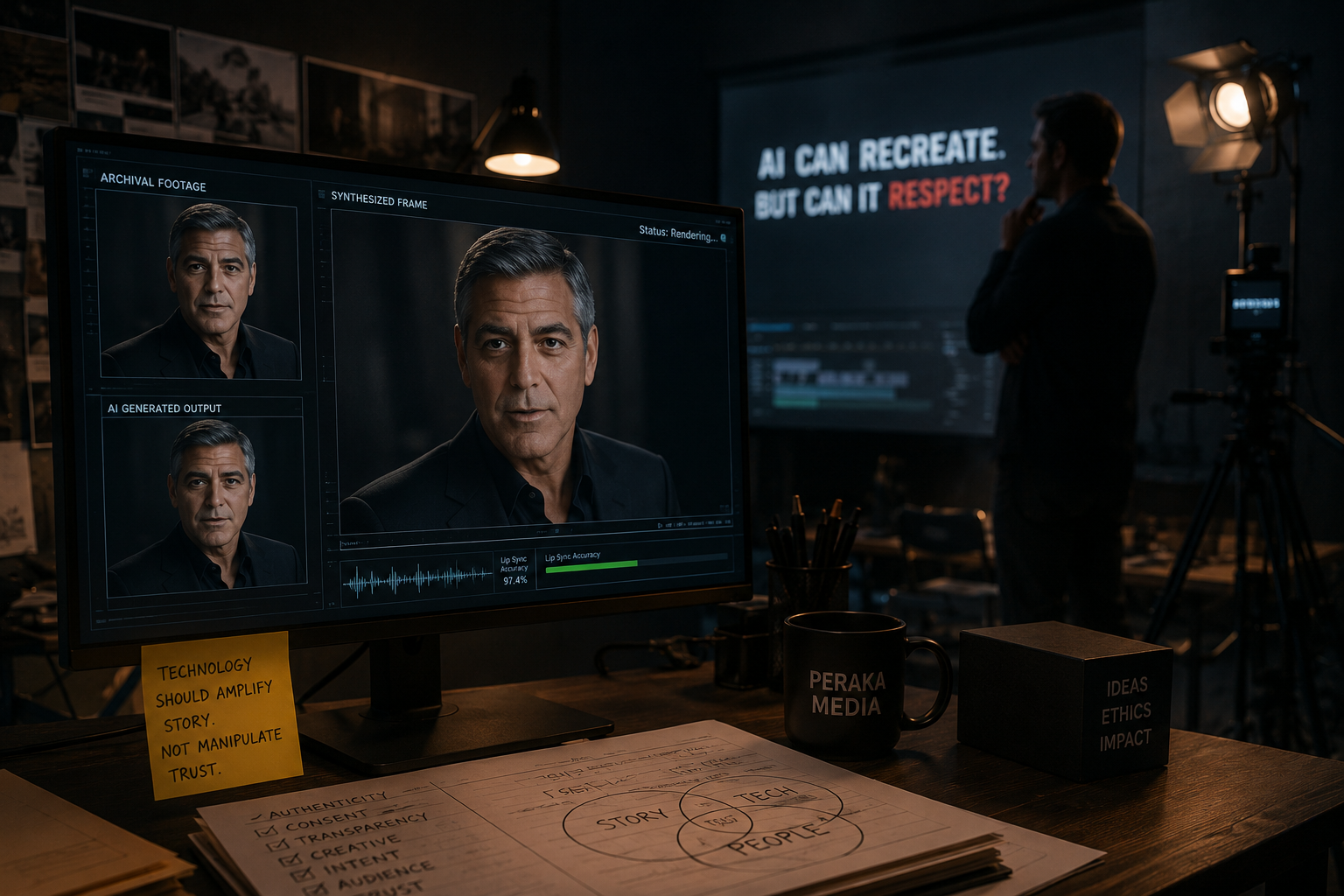 Creative professional reviewing AI-generated video content in a modern film production studio, showcasing the balance between human storytelling, ethical advertising, and AI-powered filmmaking for digital content creation.