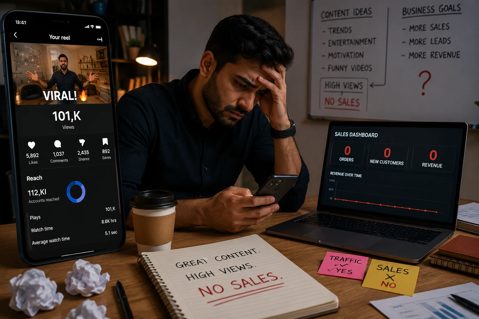 Business owner frustrated by viral social media reach but no sales conversion.