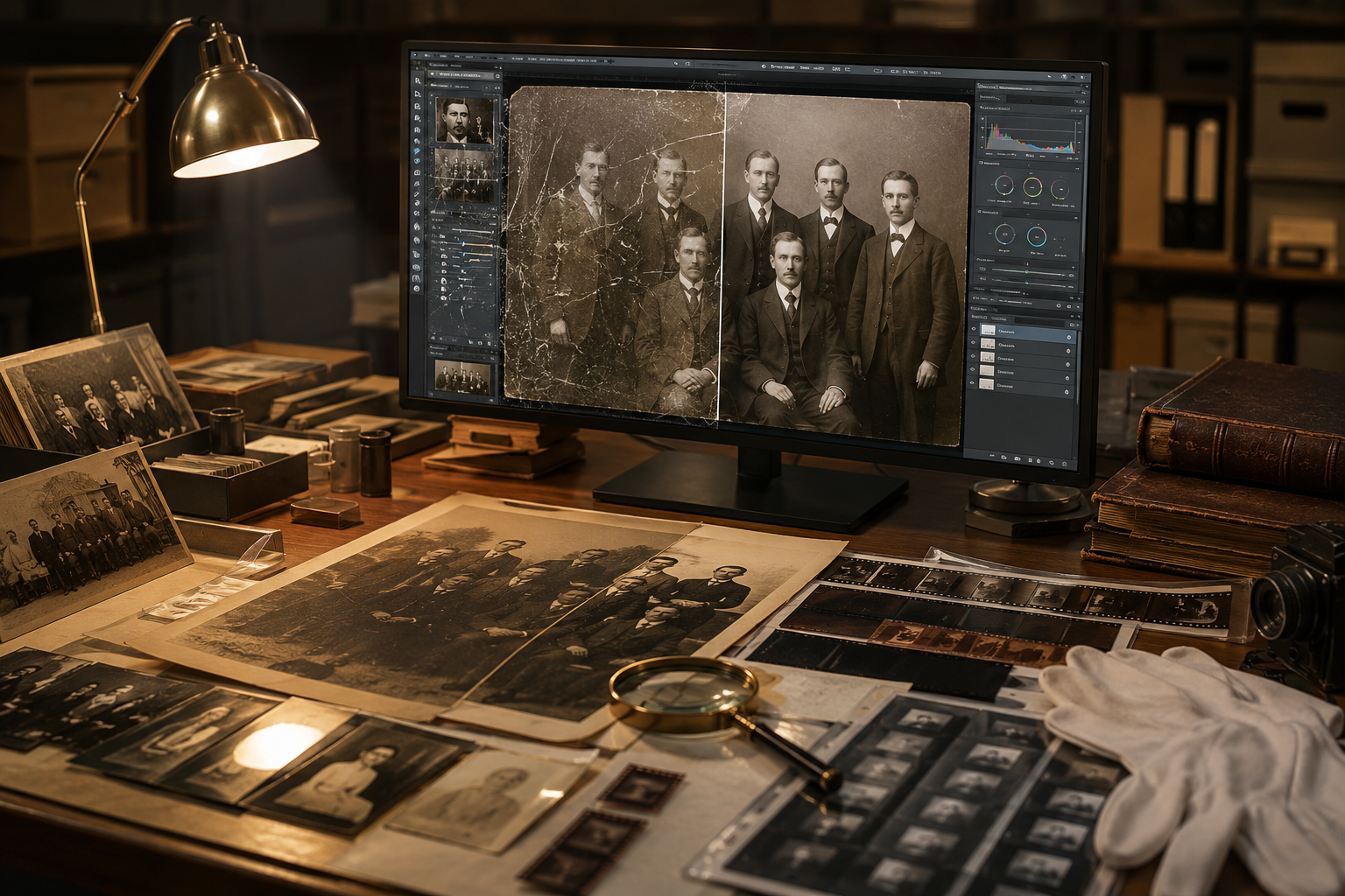 Digital monitor displaying a restored vintage photo on a desk covered with historical film negatives