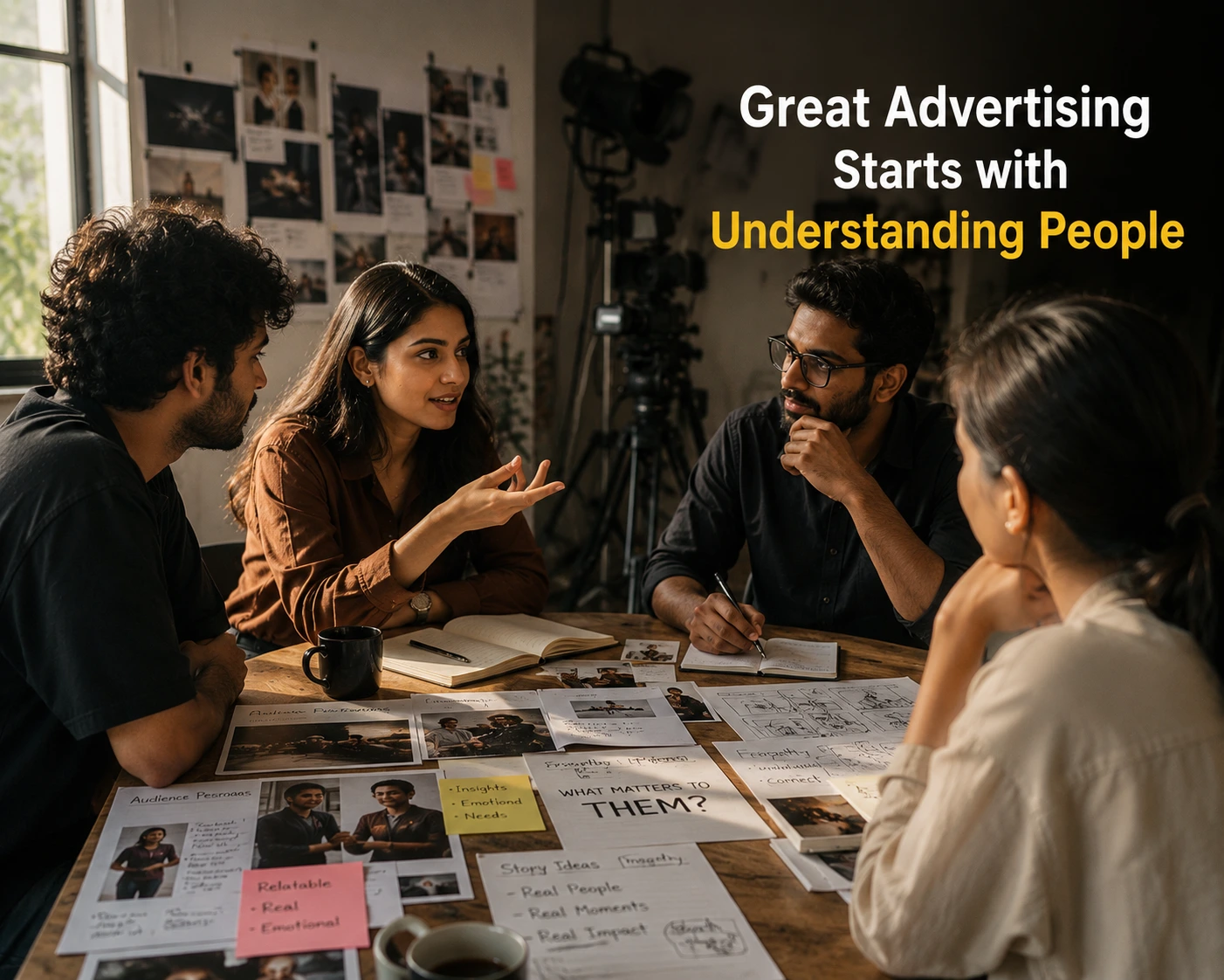 Creative team collaborating on storyboards and AI video research in a Peraka Media production meeting