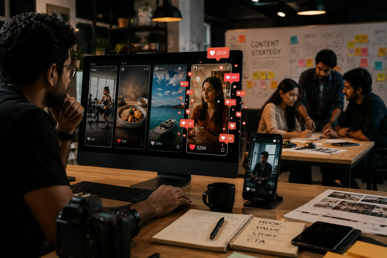 Watching reels on the computer in AI film Production House