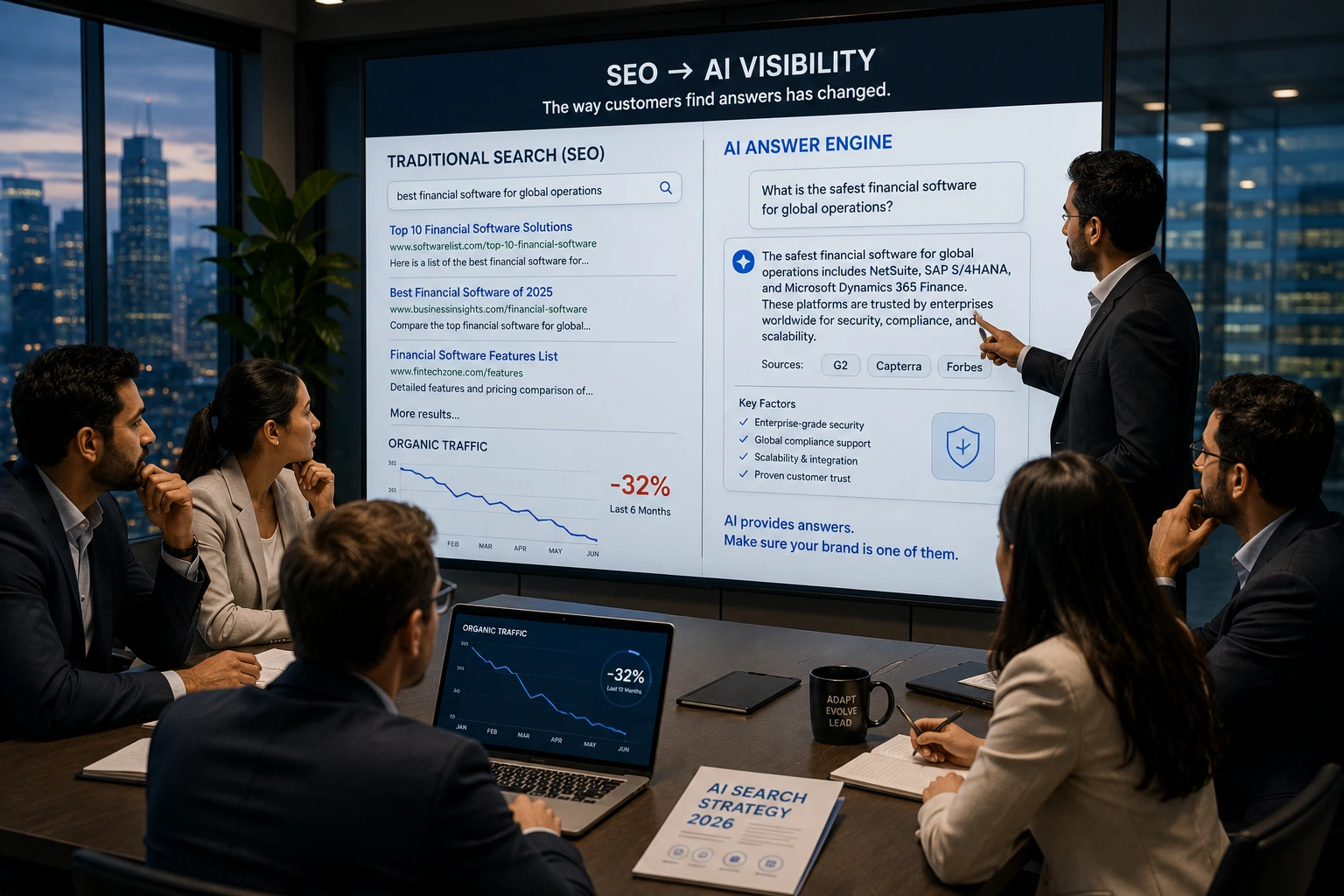 Corporate marketing team reviewing AI-powered search results and changing SEO strategies as businesses adapt to AI search engines in 2026.