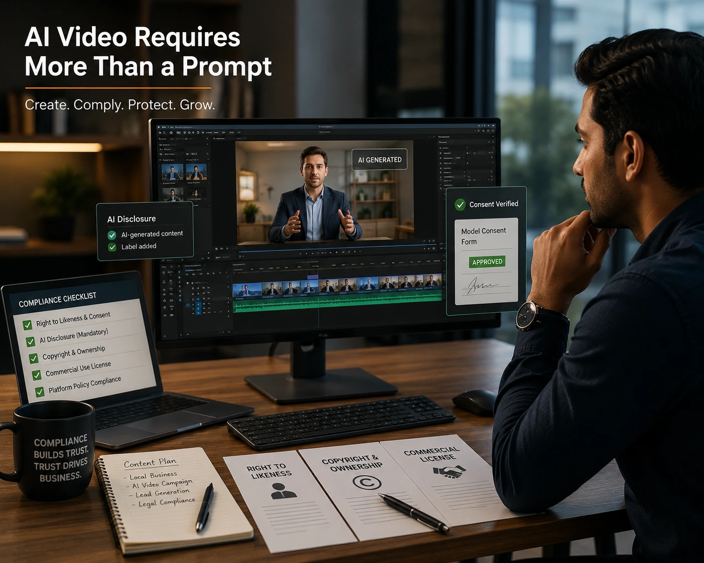 A professional at an ai video production house checking legal consent forms and a synthetic media disclosure tag on a computer screen.